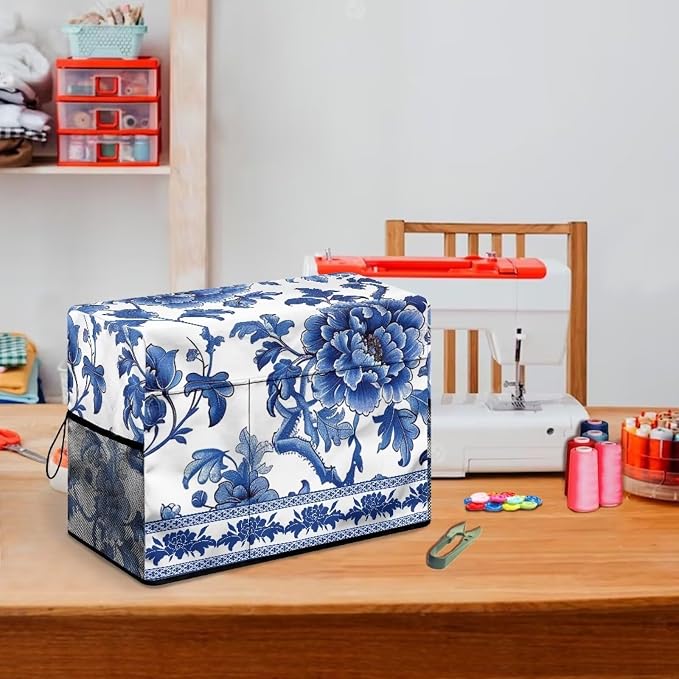 Blue White Floral Print Sewing Machine Cover with Storage Pockets,Dust & Pet Hair Protection,Fits Standard Singer, Brother and Janome Machines, Protecting & Decorating Your Sewing Space