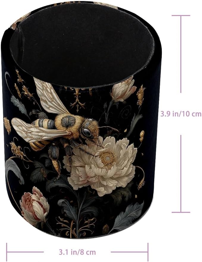 Faux Leather Pen Holder for Desk, Pencil Organizer Cute Bee Pen Cup Desk Decor Makeup Brush Holder Storage for Office Home