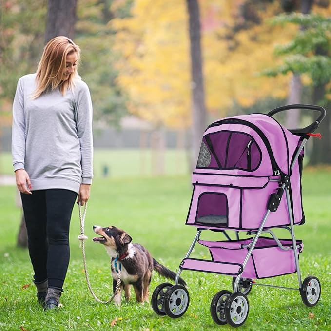 Dog Cat Stroller 4-Wheel pet Running cart, Foldable Waterproof pet Stroller with Cup Holder and Removable Lining, Suitable for Small Pets Suitable for Small and Medium-Sized pet Accessories (Pink)