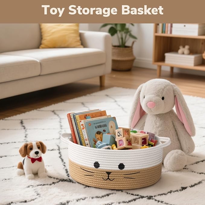 Medium Woven Rope Cat Toy Basket with Cat Face, White Jute | 13.8" x 6" Cat Toy Storage Bin for Living Room & Nursery, Pet Gift Basket Empty with Sturdy Handles, Cozy Cats Bed
