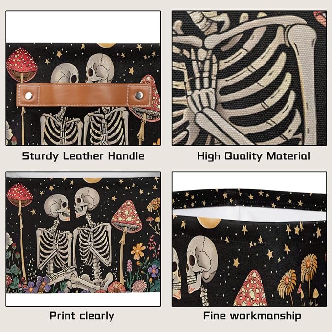 Pardick Storage Baskets Bin, Boho Skull Mushroom Collapsible Canvas Fabric Storage Bin Decorative Baskets Toy Organizer Rectangle Storage Boxes with Handles for Home Shelves Nursery,1Pack,A-1872