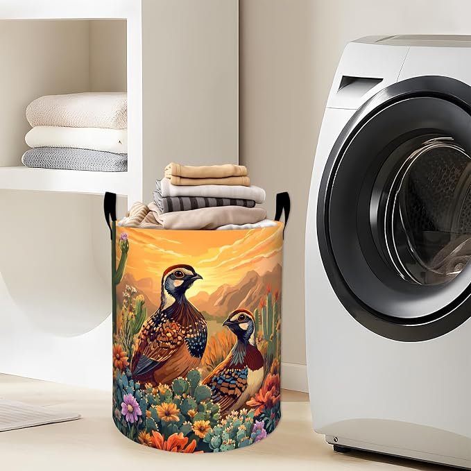 Quail Desert Laundry Basket, Cactus Flower Bird Storage Hamper, Round Collapsible Waterproof Cloth Bin, 19.7x15.7 Inch Southwestern Clothes Organizer Gifts for Bathroom Decor