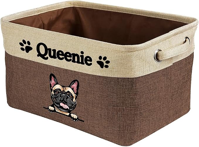 Personalized Fabric Dog Toy Storage Basket with Cute Dog French Bulldog Collapsible Sturdy Fabric Pet Toys Storage Bin Cube with Handles for Organizing, Brown and White