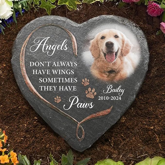 Wrappiness Pet Memorial Stone - Angels Sometimes Have Paws, Personalized Dog Memorial Gifts, Remembrance Condolences Bereavement Gifts for Loss of Pet Custom Photo (Heart 02, Stone with Stand)