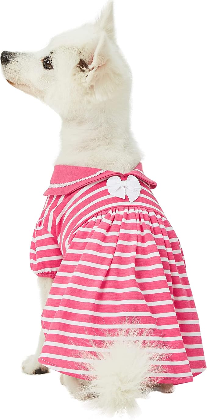 Blueberry Pet Sea Lover Rose Pink Striped Cotton Blend Dog Dress with Bowtie, Back Length 12", Pack of 1 Clothes for Dogs