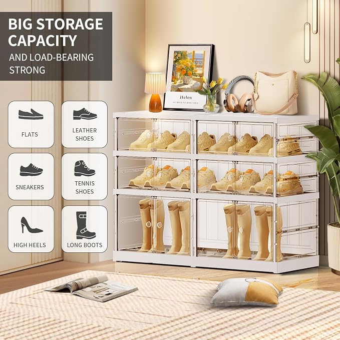 CIMLORD 3-Tier Foldable Shoe Rack, Magnetic Clear Doors, 12 Pairs, White | Collapsible Plastic Shoe Cabinet, Stackable, Lidded, Tool-Free Assembly, Fits Boots & Sneakers, Closet & Entryway