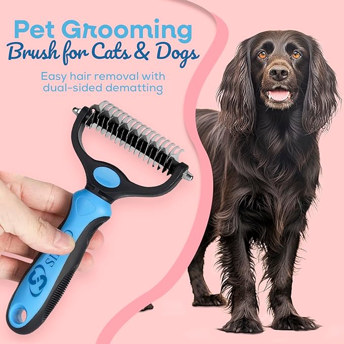 Sinko Shedding Brush For Dog and Cat, Grooming Brush with Extra Wide Double-Sided Stainless Teeth for Detangling, Deshedding, Brushing & Removing Shed Fur, Knots, Mats, and Tangles in Pets (Blue)