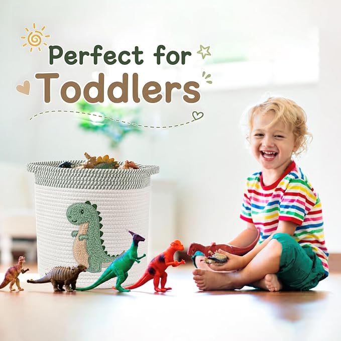Baby Hamper Large Toy Storage Basket for Toddlers Boys, Dinosaur Room Decor | 14" x 14" Blanket Baskets for Living Room, Cotton Rope Toy Box for Stuffed Animal Storage Baby Laundry Hamper, Nursery Decor