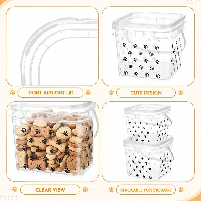 4 Pack Clear Dog Snack Container with Handle Plastic 5.5/3.3/2.2lb | Paw Themed Print, Square, Anti Drop, Stackable Storage Buckets with Lid, Pet Food Bins for Dog Kibble, Cat Snacks, Pantry