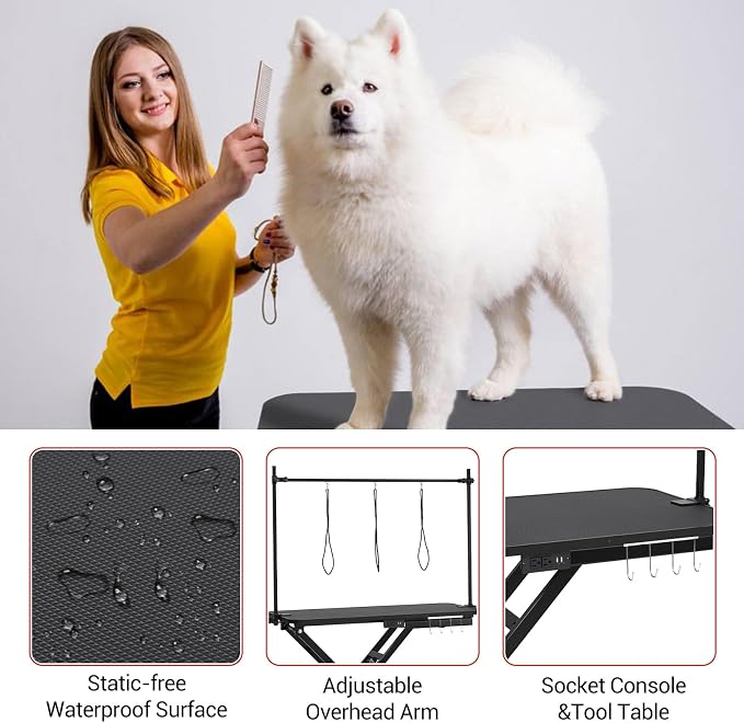 47 Inch Dog Grooming Table, Electric Hydraulic Pet Grooming Table, Dog Grooming Station with Aluminium Overhead Arm, Anti Slip Tabletop, Tool Organizer, Height Adjustable, 264 LBS Capacity, Black