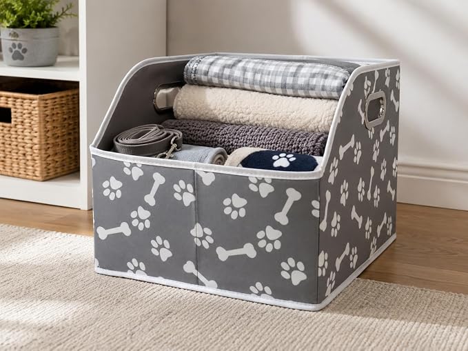 Large Dog Storage Bin, Foldable Trapezoid Box with Handles | Canvas Fabric,Large Capacity, for Pet Supplies,Pet Organizer Basket, Sturdy Metal Handles ,Easy Carry-BonePaw