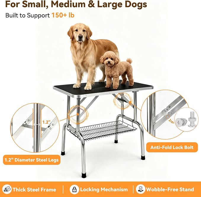 36" Foldable Dog Grooming Table with Adjustable H-Frame Arm & 2 Nooses, Heavy-Duty Stainless Steel Frame, Non-Slip Top, Tool Caddy and Mesh Tray, Black
