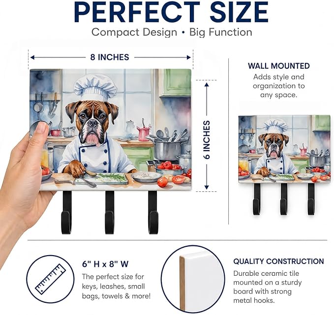 Caroline's Treasures Boxer The Chef Leash or Key Holder Wall Hooks, Key Hooks Holder, Coat Rack Wall Mount, Coat Hooks, Hooks for Hanging Keys, Towels, Aprons, Leashes | Boxer The Chef artwork on ceramic tile with three steel hooks for keys, leashes, t...