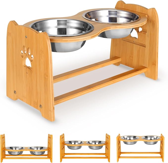 X-ZONE PET Elevated Dog Bowls for Cats and Dogs, Adjustable Bamboo Raised Dog Bowls for Large Dog, Food and Water Stand Feeder with 2 Stainless Steel Bowls Anti Slip Feet (Height 5.1" to 7.5" to 10")…
