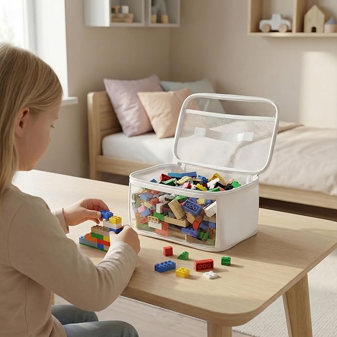 holay 4 Pack Clear Toy Storage Bags with Zipper & Handle, Board Game Bins | Reinforced base stands upright; clear PVC front; holds toys, board games & busy bags; foldable for playroom & travel