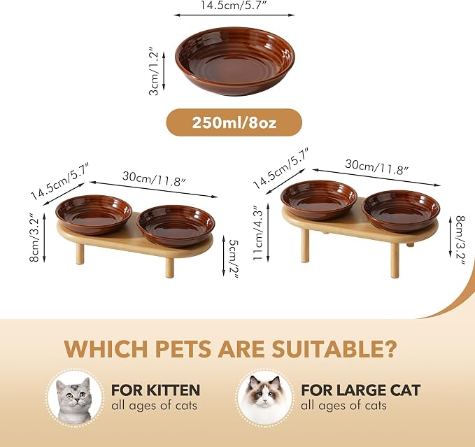 Havniva Elevated Cat Bowls, Ceramic Cat Bowl with Bamboo Stand Wide Opening | 5.7” Raised Cat Food Bowls, Whisker Friendly Cat Dish, Anti-Slip Cat Water Bowls, Shallow Cat Bowls, Cat Food & Water Bowl