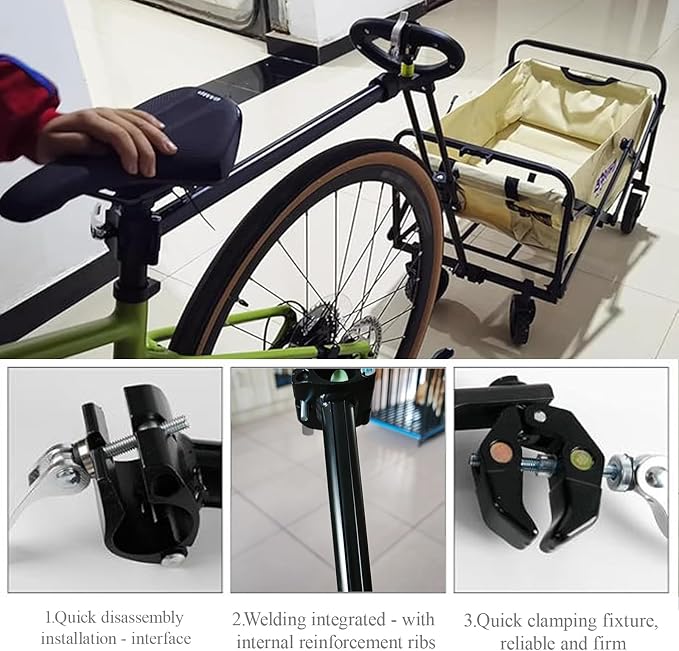 Bike Trailer Hitch for Wagon Camping Rolling Cart Collapsible Wagon with 360° Swivel Joint & Shock Absorber, Quick-Release Clamps for Folding Wagons, Pet Carts & Garden Trailers