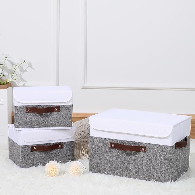 ANMINY Fabric Storage Box Bins with Lids, Gray White, 15"x10"x10", 2 Pack | Keepsake Memory Storage, Cotton Linen, PP Board Reinforced, Washable, PU Handles, Foldable & Stackable, Decorative, Large