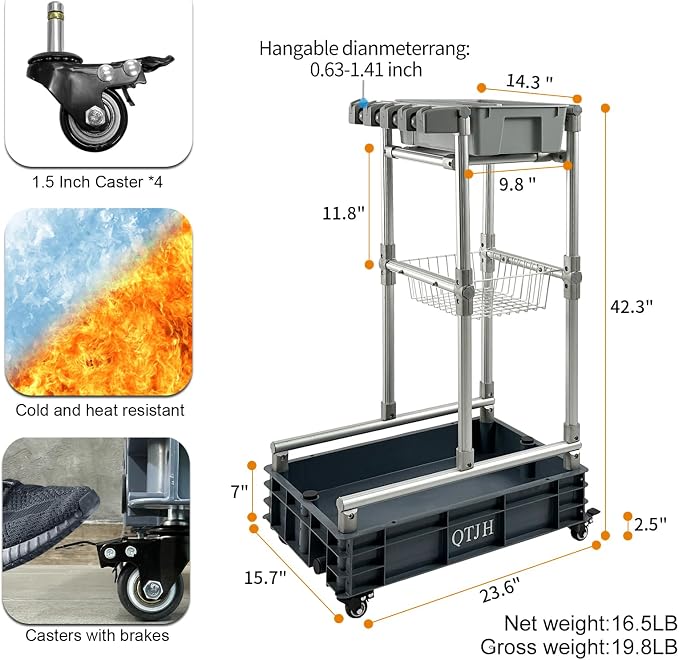 Rolling Cleaning Cart with Mop & Broom Organizer ， Convenient Storage Cart for Janitorial Supplies, Tools, and Cleaning Equipment ， Floor Cleaning Station with Wheels for Housekeeping, Garage &Garden