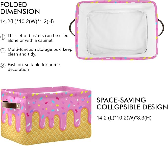Wamika Ice Cream Drip Baseball Storage Basket with Waterproof Liner and PU Handles Purple Pink Storage Bins Boxes 14.2" Collapsible Decorative Organizer Baskets for Bedroom Closet Office 2 Pack