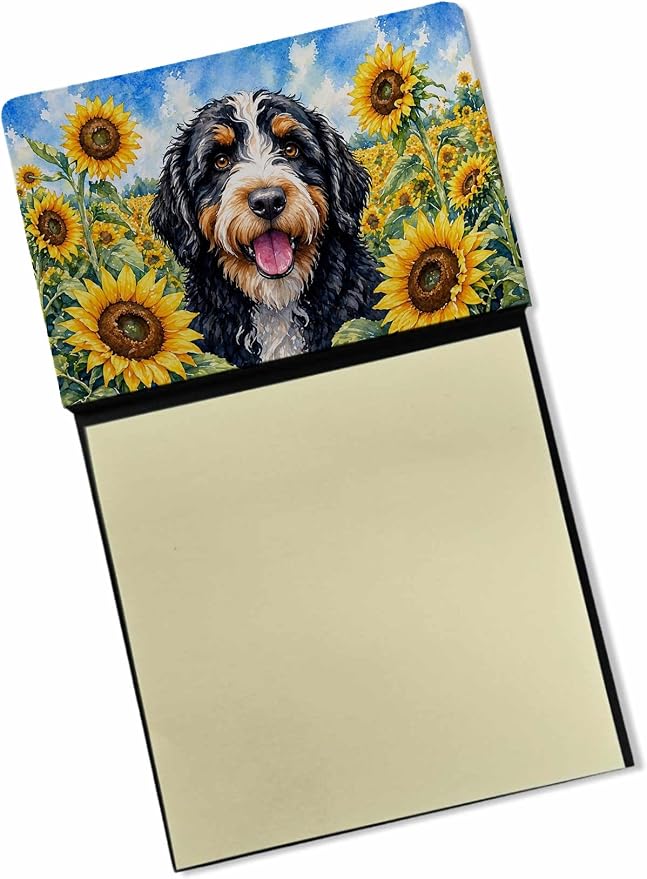 Caroline's Treasures Bernedoodle in Sunflowers Watercolor Sticky Note Holder Refillable Dispenser Desk Accessory 3x3 Pad Gift