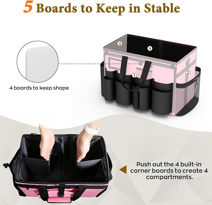 Cleaning Caddy with Wheels - Rolling Cleaning Caddy Bag with Detachable Trolley, Cleaning Caddy for Cleaning Supplies, Cleaning Bag for Housekeeping, Pink