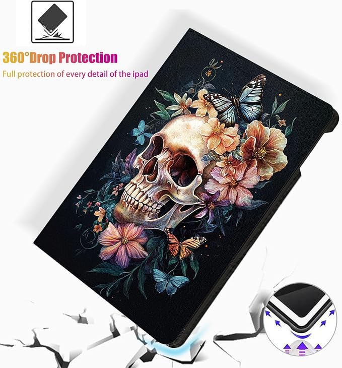 for Microsoft Surface Go 4/3/2/1-10.5" 2021 Tablet Case,Auto Wake/Sleep,Adjustable Stand Protective Cover - Skull Flower Butterfly