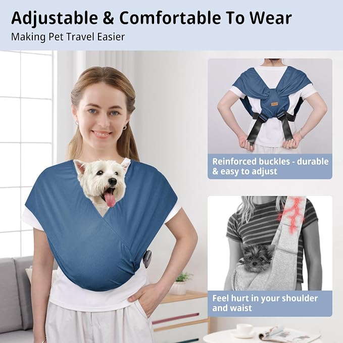 Swaddle Dog Sling Carrier for Small Dogs, Front Pet Sling Carrier Chest,Hands Free Adjustable Cat Sling Carrier Soft Cotton Reducing Pain Puppy Sling Carrier for Small Pet Up to 10lb (Blue)
