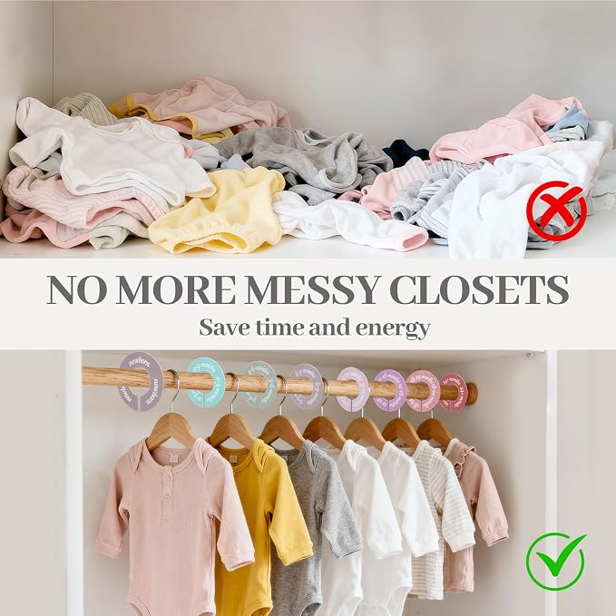8 Pcs Baby Closet Dividers, Double-Sided Clothes Organizer for NB-24 Months | Sturdy closet separators fit most standard closet rods. Visible size tags simplify sorting and locating baby outfits quickly