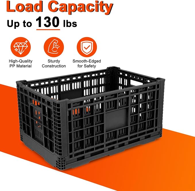 72L Collapsible Milk Crate with Handles, | Large Plastic Crate, Heavy Duty Folding Storage Crates for Home Organizing, Tools, Books, Camping & Transport