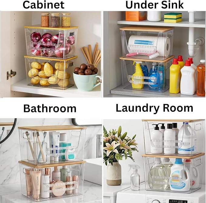 2 Set Pantry organizers and Storage,Trash Bag Holder Under sink Organizer for 4-13 Gal Bags,Trash Bag Dispenser with Bamboo Lids and Stackable Clear Bins for Potato, Onion, Garlic, Fruit, Vegetables