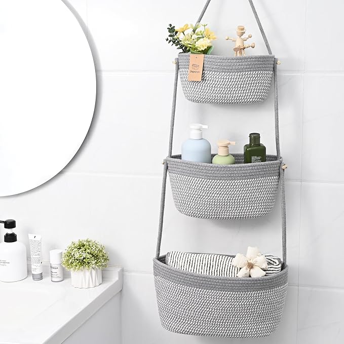 Hanging Basket, 3-Tier Woven Wall Basket with 4 Hooks, Cotton Rope Storage Baskets, Over the Door Organizer for Nursery, Bedroom, Cottage and Boho Wall Decor