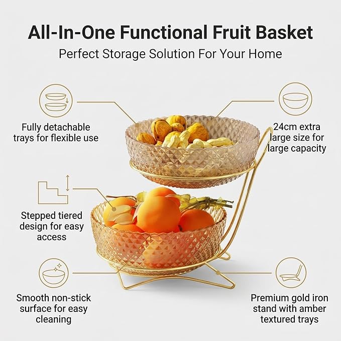 2 Tier Metal Fruit Basket Stand with Clear PET Bowl Trays, Ready to Use Countertop Vegetable Bread Storage Display Organizer Holder for Kitchen