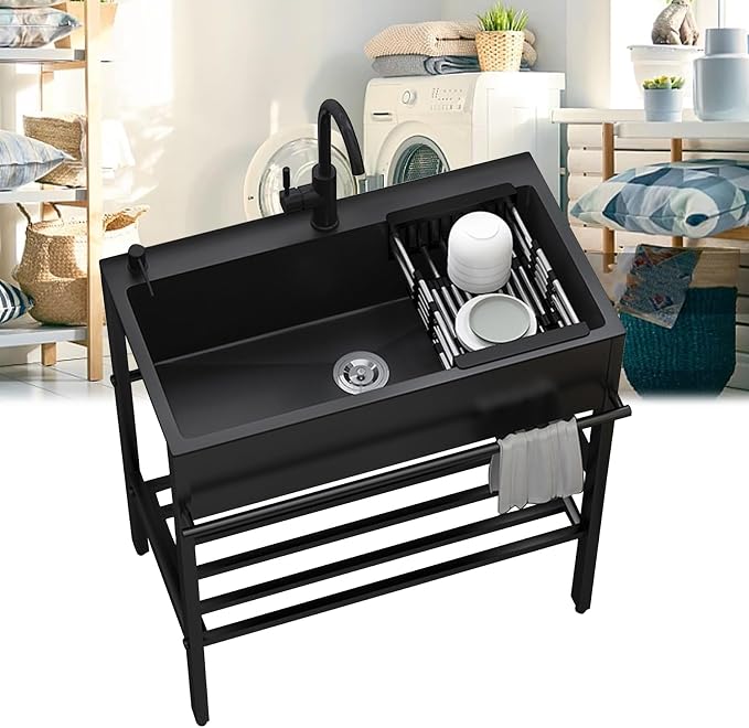 Utility Sink with Cabinet, Freestanding Stainless Steel Single Bowl Kitchenette Sink,Prep Laundry Tub, for Garage, Outdoor, Kitchen, Commercial, Workshop, Pet Wash Station, Includes Faucet, Black (Si