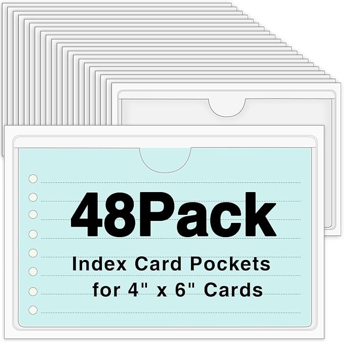 48 Pack Adhesive Index Card Holders, Clear 4 x 6 Label Pockets | Clear Pvc, Top Loading, Strong Adhesive, Fits Bins Shelves Totes, Reusable Labels, Dust And Splash Resistant
