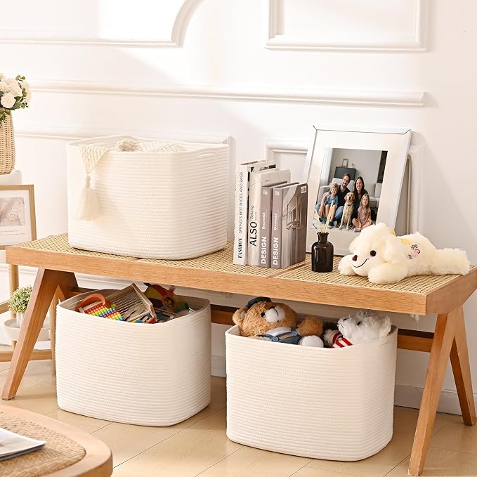 3 Pack Cube Storage Bin, 17”x12”x12” Cotton Rope Woven Baskets for Organizing Toys Clothes Towels, Square Gift Storage Baskets for Shelves, Nursery, Closet, Bathroom, Pantry (White)
