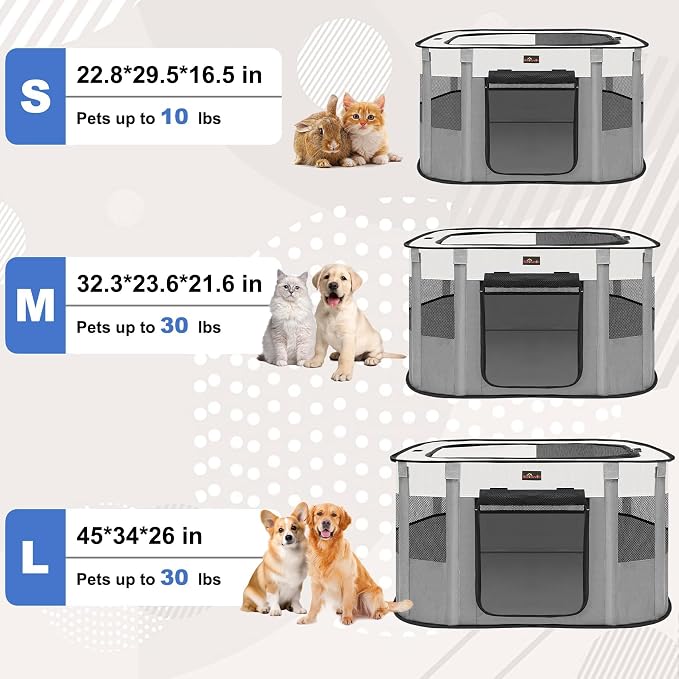 Dog Playpen, Pet Playpen, Foldable Kitten cage Puppy Play Pen, Portable Dog Kennel Tent Crate, Indoor Outdoor Travel Camping Use for Small Animals with Carrying Case (Grey L)