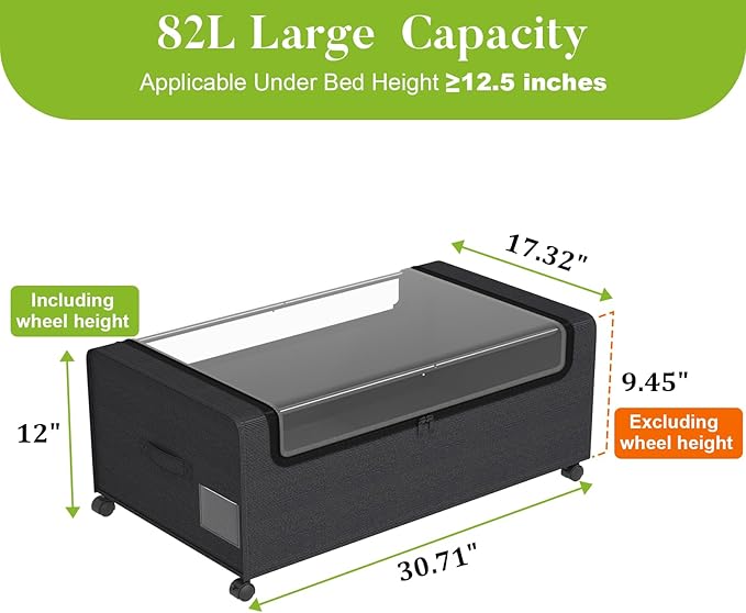 Webetop Under Bed Storage Containers with Wheels & Clear Lid 12 inch 2 Pack | Durable Construction, Smooth Movement, Hidden Storage, Bedroom Organization, Blanket And Clothing Storage, Convenient Access