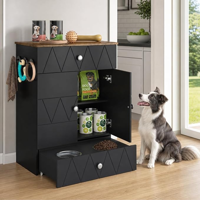 Dog Feeding Station with Storage Cabinet, Hidden Pull-Out Elevated Dog Bowls, Stainless Steel Feeding Drawer, Adjustable Shelves & Hooks, Modern Pet Food Storage Organizer for Dogs (Black)
