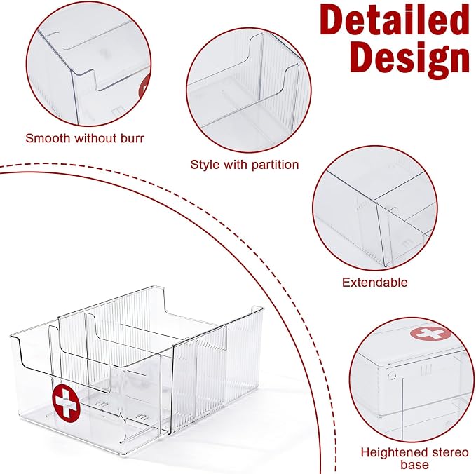 Expandable Medicine Cabinet Organizer, Clear Medication Storage Bin with Removable Divider, Vitamin Bottle Organizer for Countertop Bathroom Cabinet, Prescription Bottle and First Aid Supplies