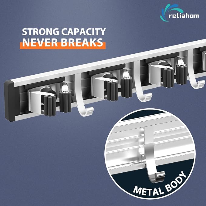 reliahom Broom Holder Wall Mount Mop Hanger Tools organizer 5Racks4Hooks,2P | Adjustable Mop Broom Wall Hanging Heavy Duty Tools Storage Rack Space-saving for Garage,Kitchen,Laundry Room,Garden, Black