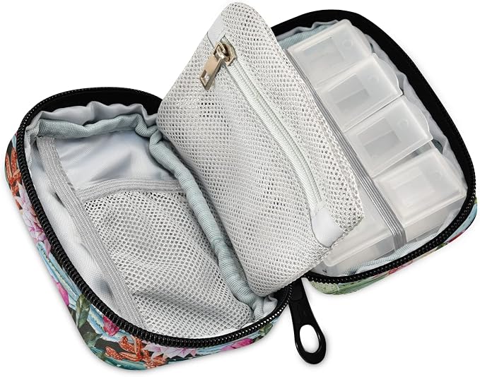Watercolor Cactus Flower Pill Box 7 Day Pill Case Travel Pill Organizer Bag with Zipper Portable Weekly Case Compact Size for Vitamin Supplement Holder