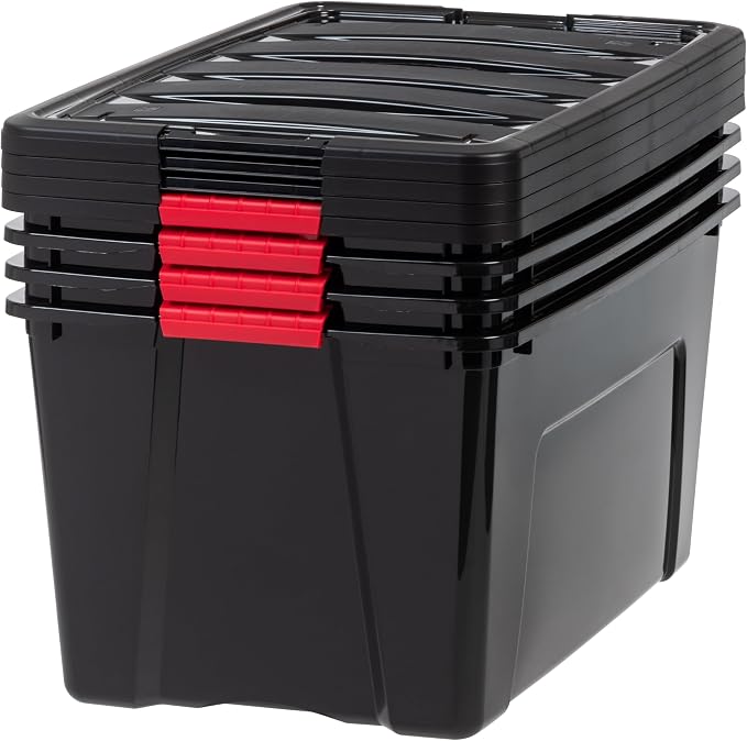 IRIS USA 4-Pack 72 Quart Storage Bins with Lids, Black | Black finish conceals stored items. Perfect for moving, blankets, clothing, and garage storage. Nestable design saves space
