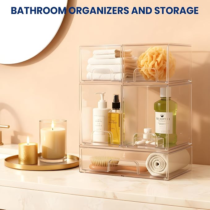 Baby Bottle Organizer Stackable, Acrylic Storage Drawers 5 pack with Non-Slip Pads, Pull-Out Drawers for Baby Bottle, Pump Parts, Pantry, Vanity Countertop (4.4" and 7.6" Tall and 12.1" Wide)