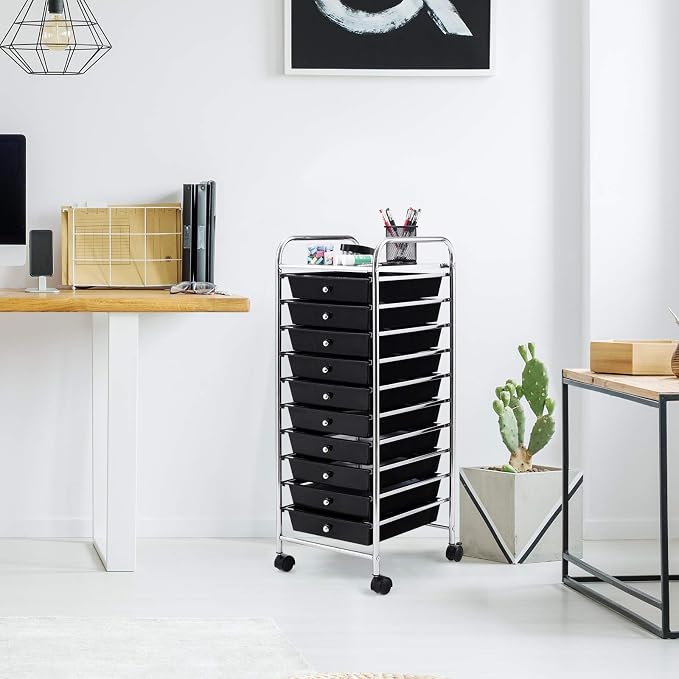 10 Drawer Rolling Storage Cart, Organization Cart with Drawers for Craft Makeup Paper Tool Art Supply, Versatile Utility Cart on Wheels for Home Office Classroom School (Black)