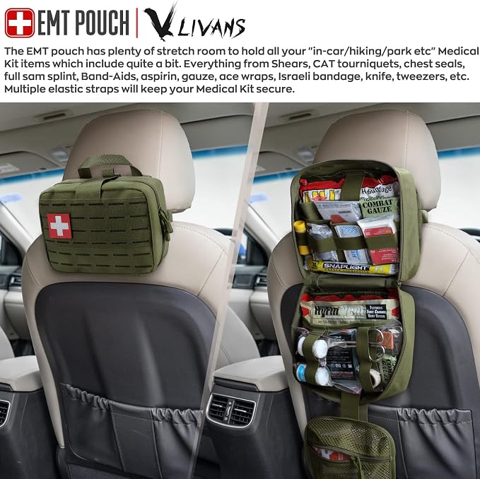 LIVANS Medical Bag, First Aid Bag Empty for Emergency & Trauma Kits | Molle Quick Release Design, Headrest Mount, Includes Flag and Cross Patch,Versatile for Tactical, Camping, Hiking and Travel