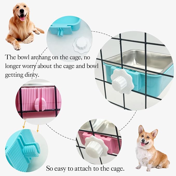 kathson Crate Dog Bowl, Removable Stainless Steel Hanging Pet Kennel Cage Bowl Food & Water Feeder Coop Cup for Puppy, Cat, Rabbit, Guinea Pigs 3pcs Small Square(Blue, Green, and Pink) (Pack of 2)