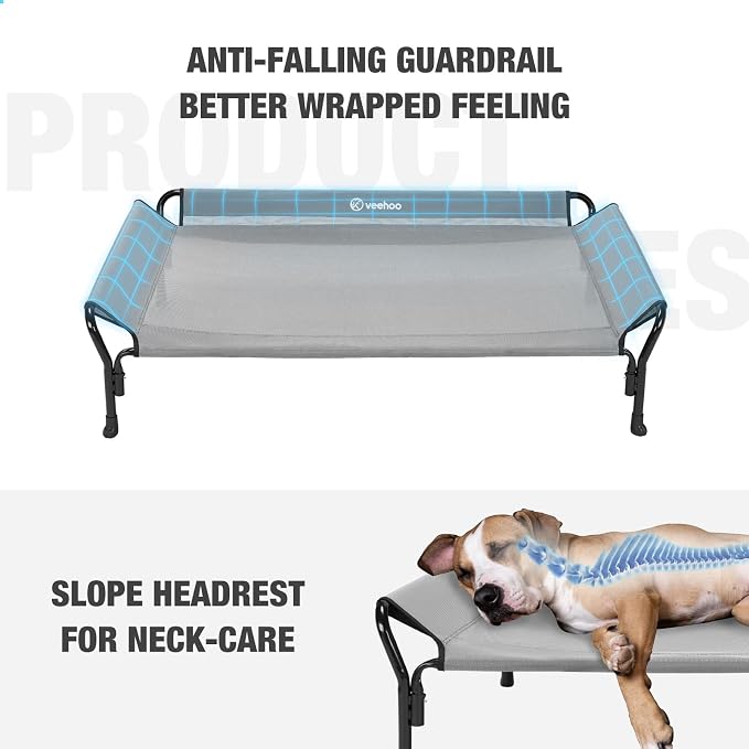 Veehoo Cooling Elevated Dog Bed, Raised Dog Cot with Guardrail & Headrest | Washable Dog Couch Bed for Indoor & Outdoor, Durable Breathable Teslin Mesh, Non-Slip Feet, Medium, 39.5" x 28", Grey