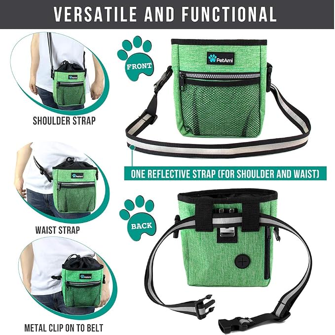 PetAmi Dog Treat Pouch, Pet Treat Pouch for Training, Dog Walking Bag Holder for Kibbles, Pet Food Toy, Dog Trainer Essentials Supplies, Poop Bag Dispenser, 3 Ways to Wear (Green)