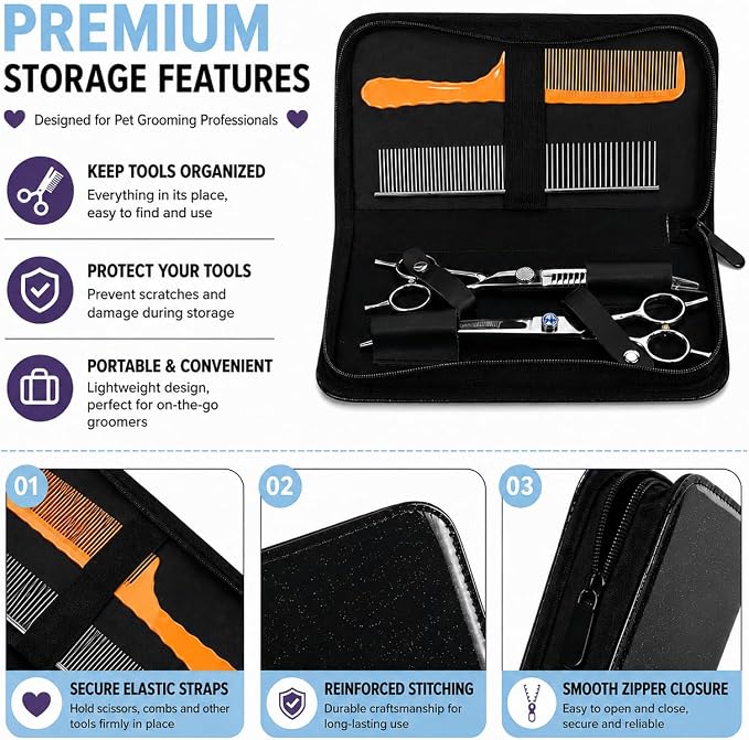 Pet Grooming Scissors Case, Dog Grooming Tool Organizer with Elastic Straps, Portable Storage Holder for Grooming Shears, Combs & Accessories, Case Only (V-010-SC-Black)